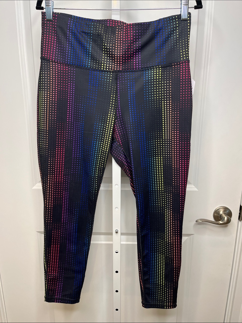 Xersion Black Capri Leggings with Rainbow Dot Stripes Large